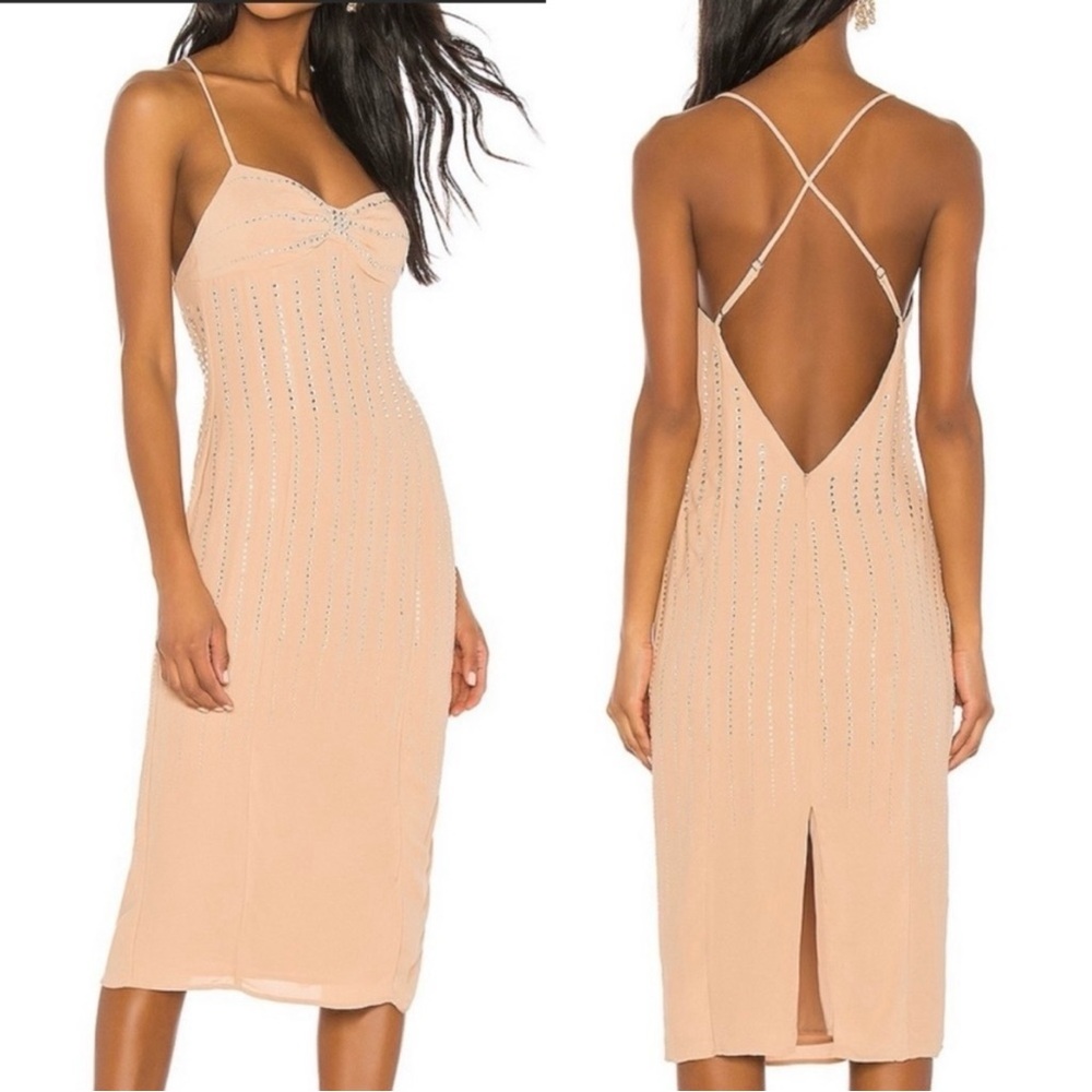 LPA Amara Nude Rhinestone Midi Dress Size Extra Small